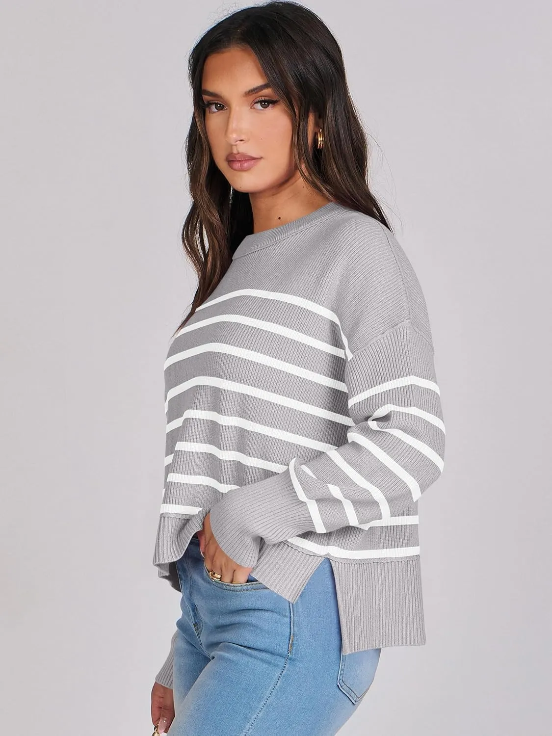 ANRABESS Womens Oversized Crewneck Cropped Sweaters Long Batwing Sleeve Side Slit Ribbed Knit Pullover Tops 2024 Fall Trendy