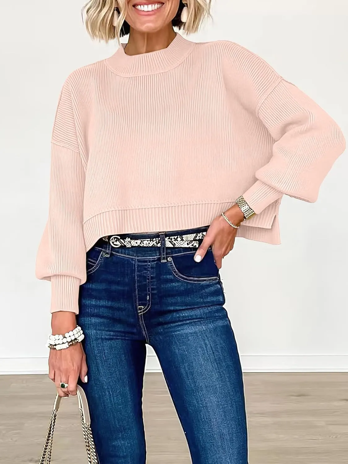 ANRABESS Womens Oversized Crewneck Cropped Sweaters Long Batwing Sleeve Side Slit Ribbed Knit Pullover Tops 2024 Fall Trendy