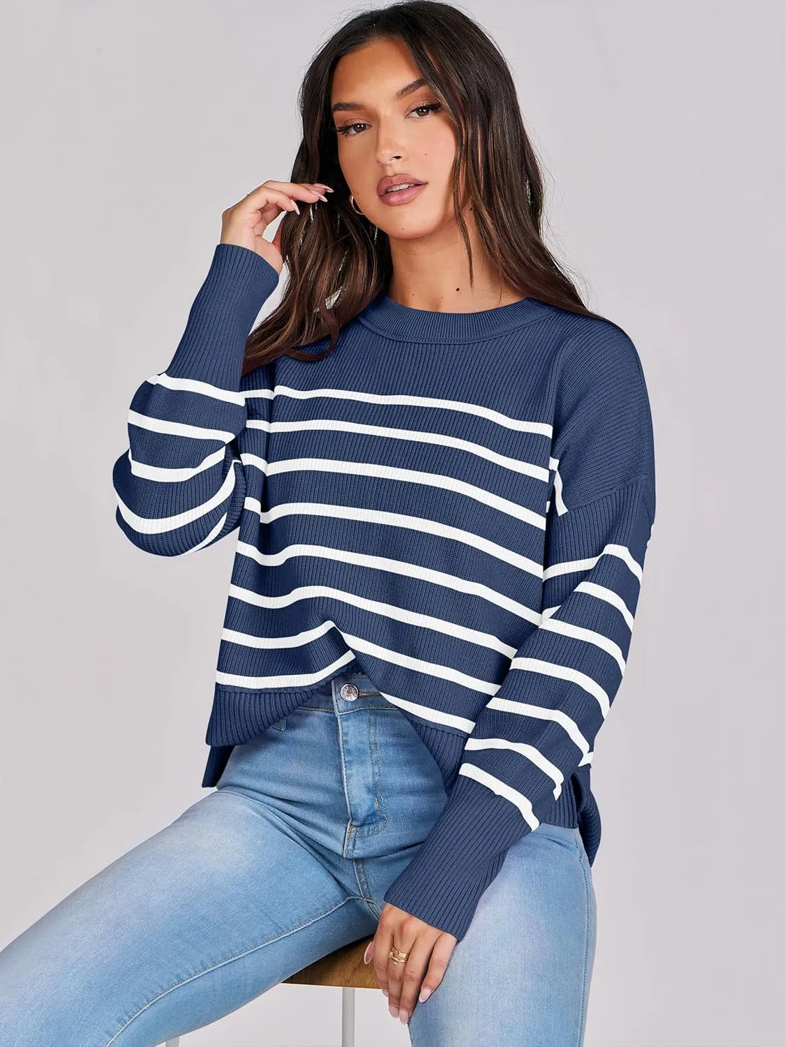 ANRABESS Womens Oversized Crewneck Cropped Sweaters Long Batwing Sleeve Side Slit Ribbed Knit Pullover Tops 2024 Fall Trendy