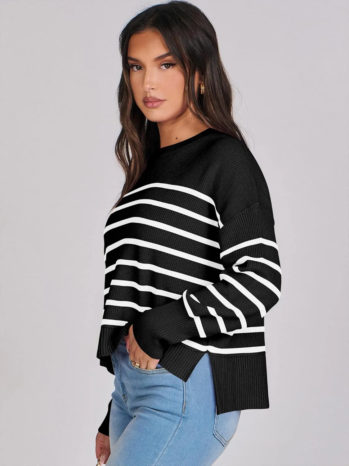 ANRABESS Womens Oversized Crewneck Cropped Sweaters Long Batwing Sleeve Side Slit Ribbed Knit Pullover Tops 2024 Fall Trendy