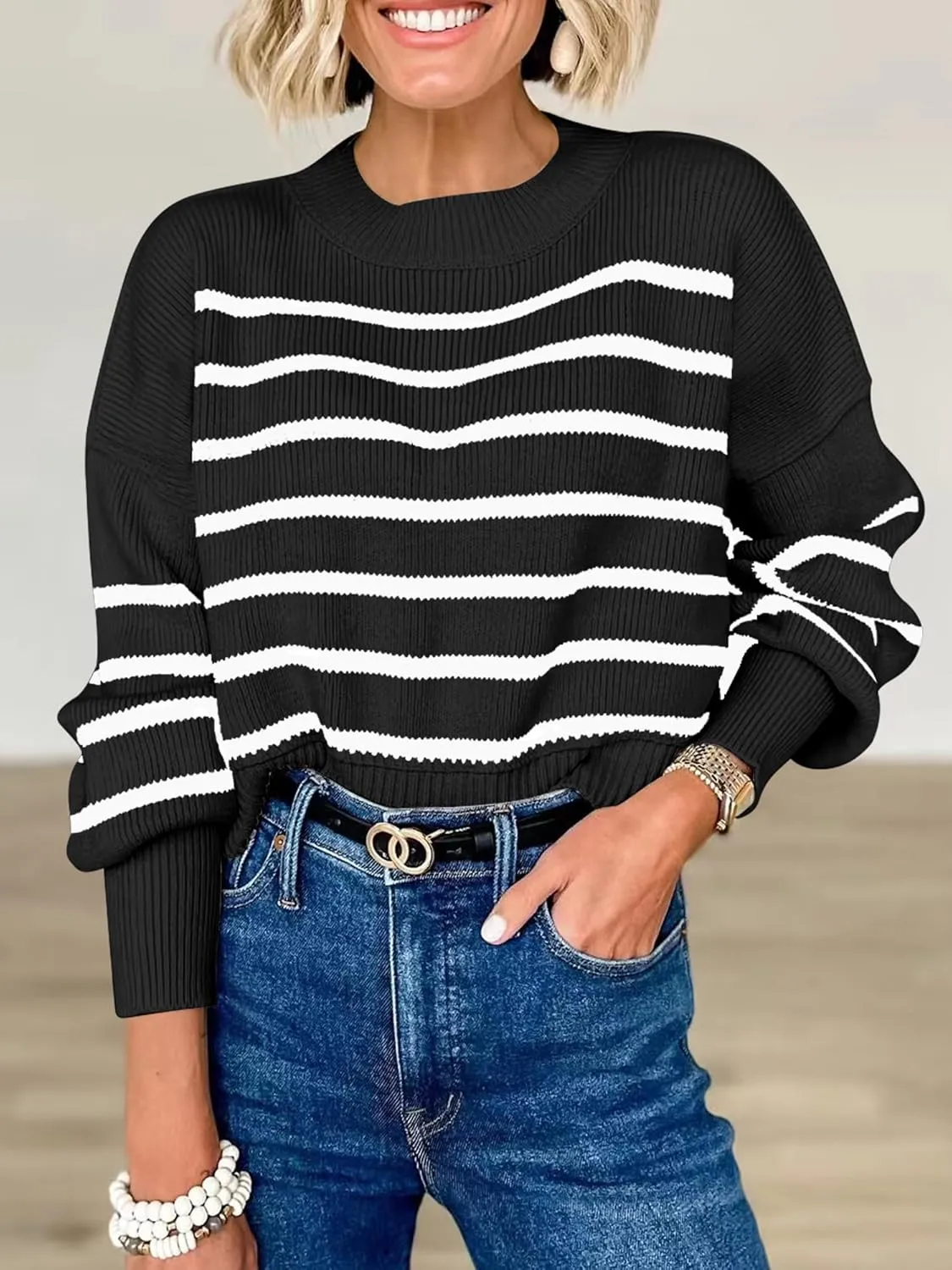 ANRABESS Womens Oversized Crewneck Cropped Sweaters Long Batwing Sleeve Side Slit Ribbed Knit Pullover Tops 2024 Fall Trendy