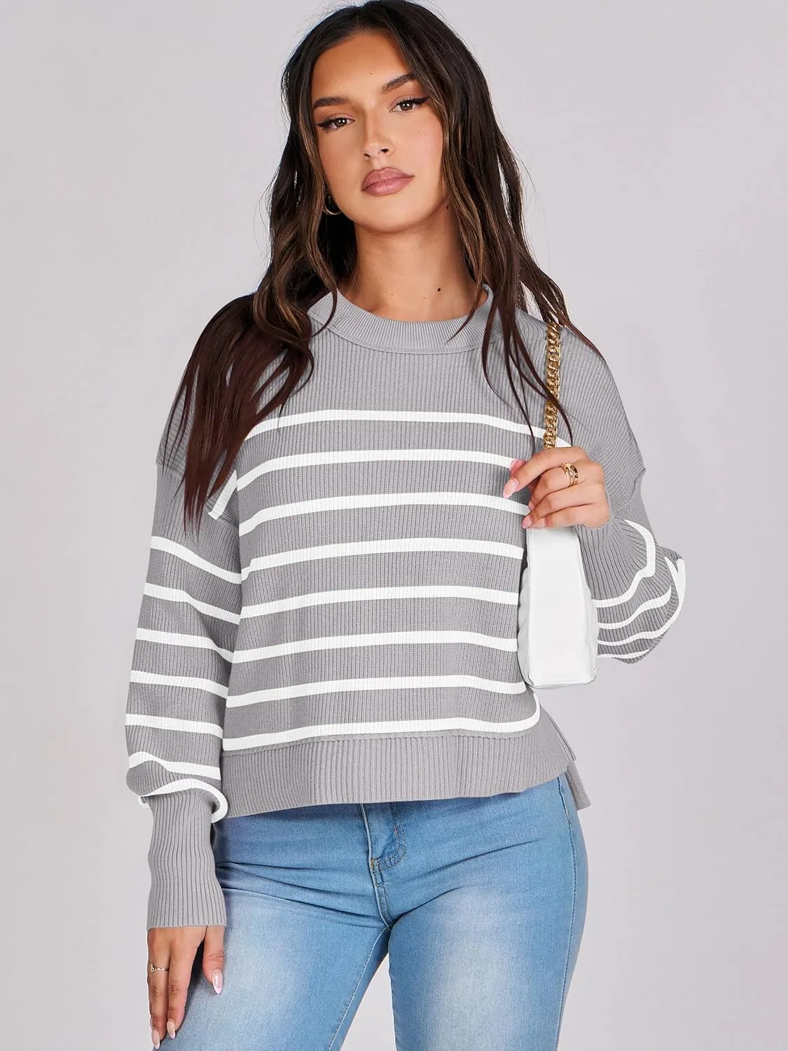 ANRABESS Womens Oversized Crewneck Cropped Sweaters Long Batwing Sleeve Side Slit Ribbed Knit Pullover Tops 2024 Fall Trendy