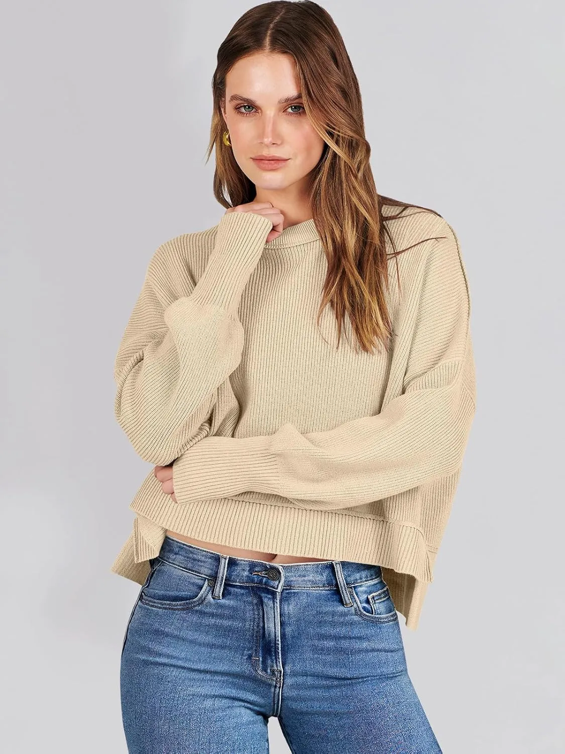 ANRABESS Womens Oversized Crewneck Cropped Sweaters Long Batwing Sleeve Side Slit Ribbed Knit Pullover Tops 2024 Fall Trendy