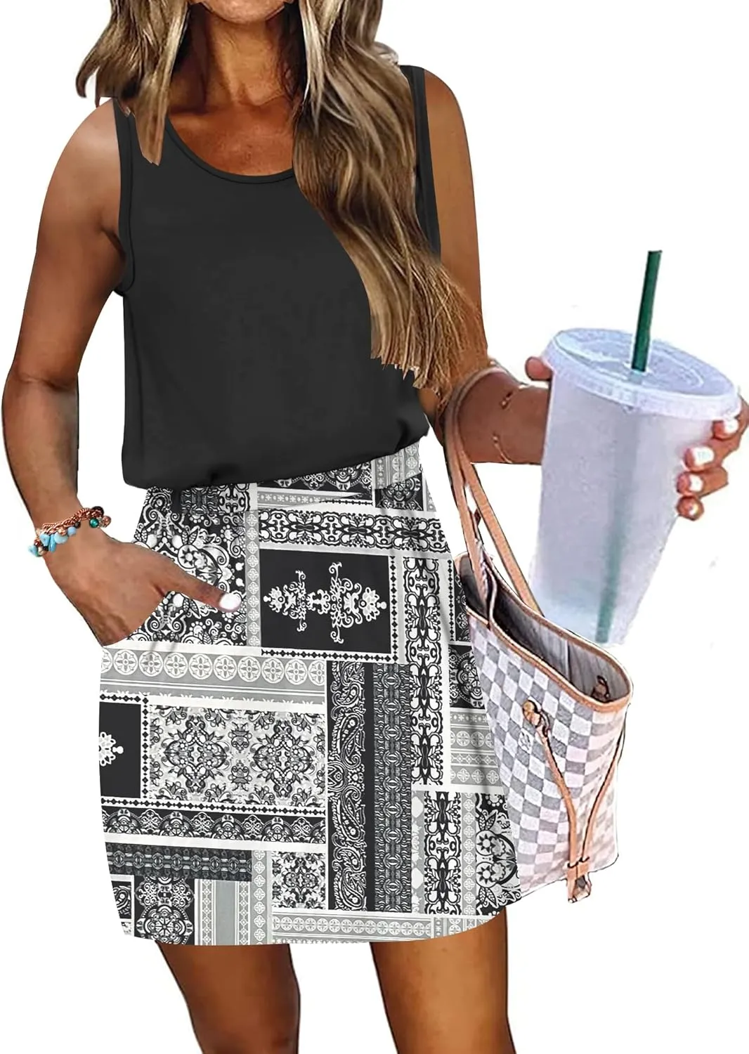AUSELILY Women Summer Dress 2025 Casual Sleeveless Sundress Crew Neck Beach Short Dresses with Pockets