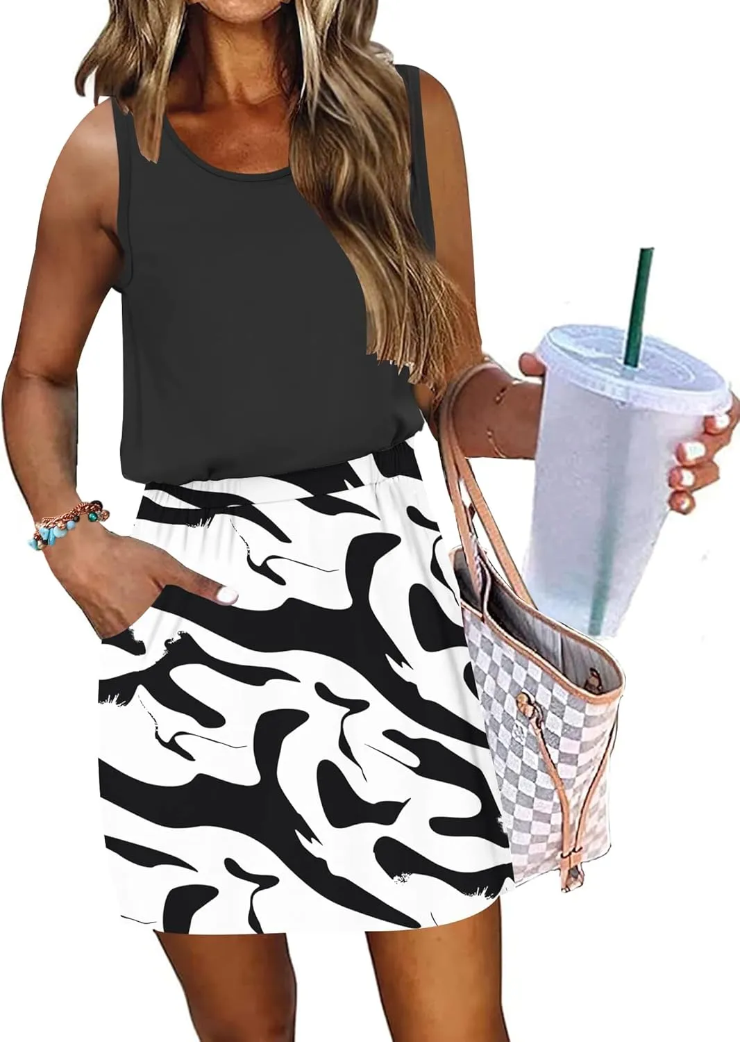 AUSELILY Women Summer Dress 2025 Casual Sleeveless Sundress Crew Neck Beach Short Dresses with Pockets