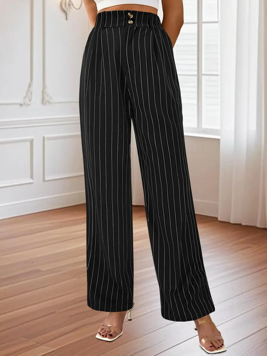 AUXDIO Womens Straight Leg Pants Casual High Waisted Stretchy Double Buttoned Trousers Work Business Dress Pant
