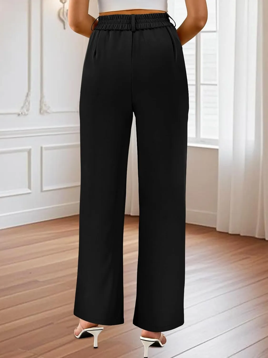 AUXDIO Womens Straight Leg Pants Casual High Waisted Stretchy Double Buttoned Trousers Work Business Dress Pant