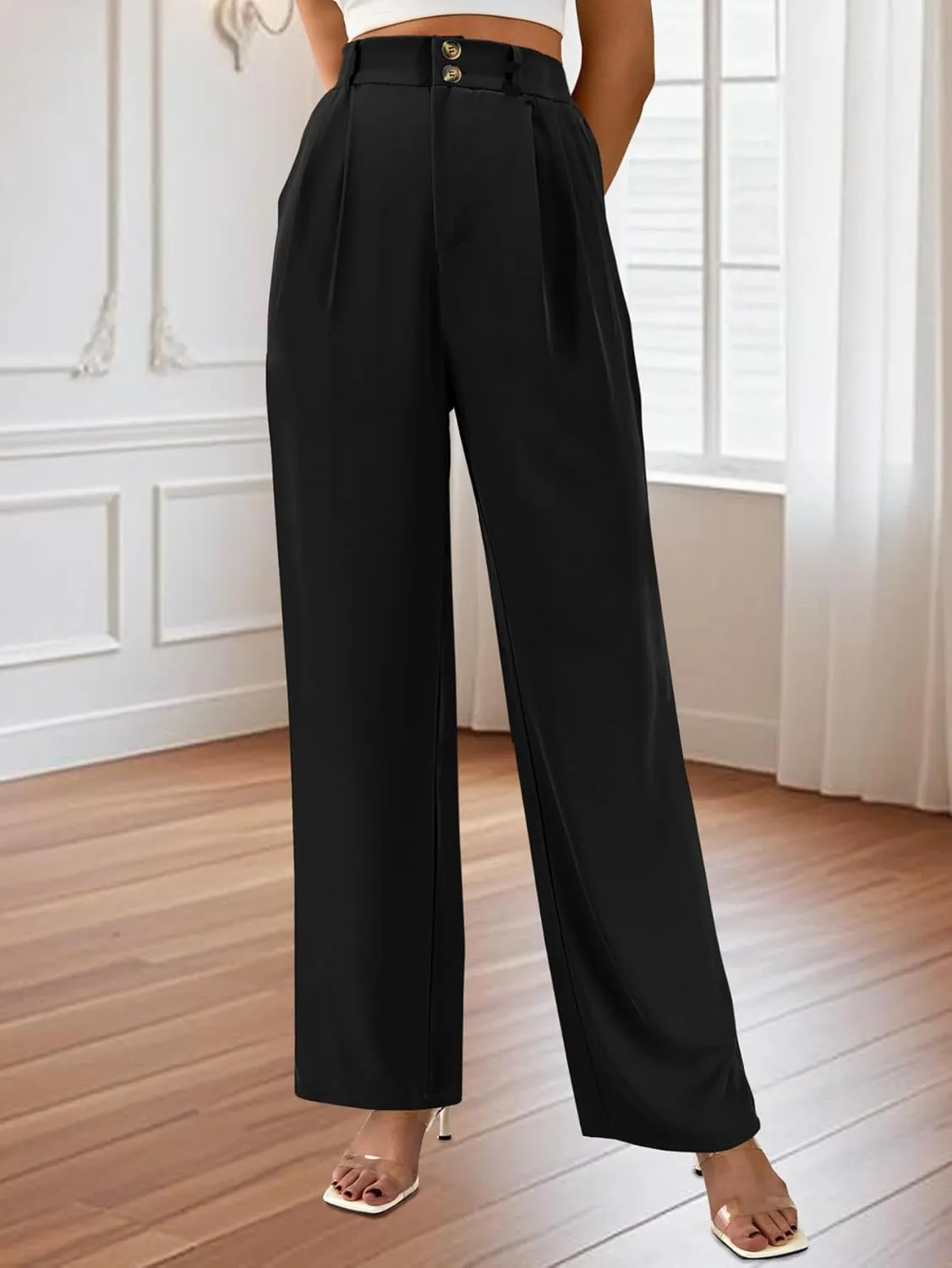 AUXDIO Womens Straight Leg Pants Casual High Waisted Stretchy Double Buttoned Trousers Work Business Dress Pant