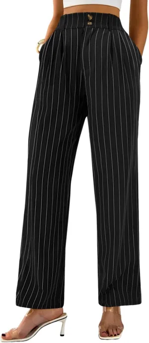 AUXDIO Womens Straight Leg Pants Casual High Waisted Stretchy Double Buttoned Trousers Work Business Dress Pant