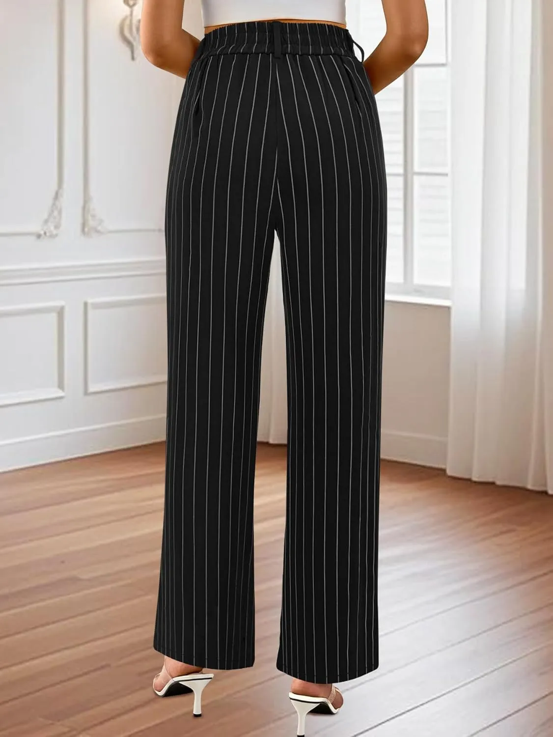 AUXDIO Womens Straight Leg Pants Casual High Waisted Stretchy Double Buttoned Trousers Work Business Dress Pant
