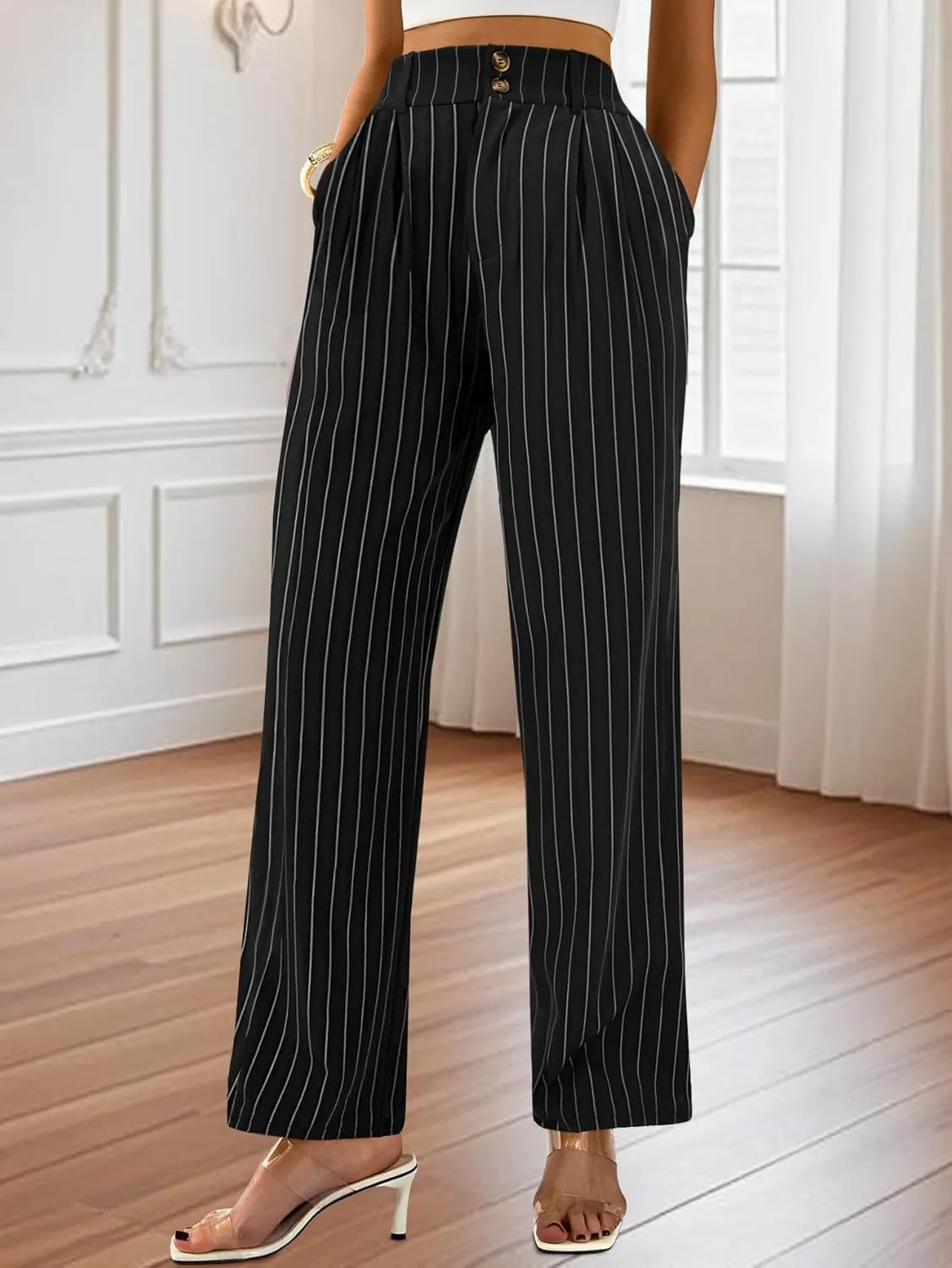 AUXDIO Womens Straight Leg Pants Casual High Waisted Stretchy Double Buttoned Trousers Work Business Dress Pant