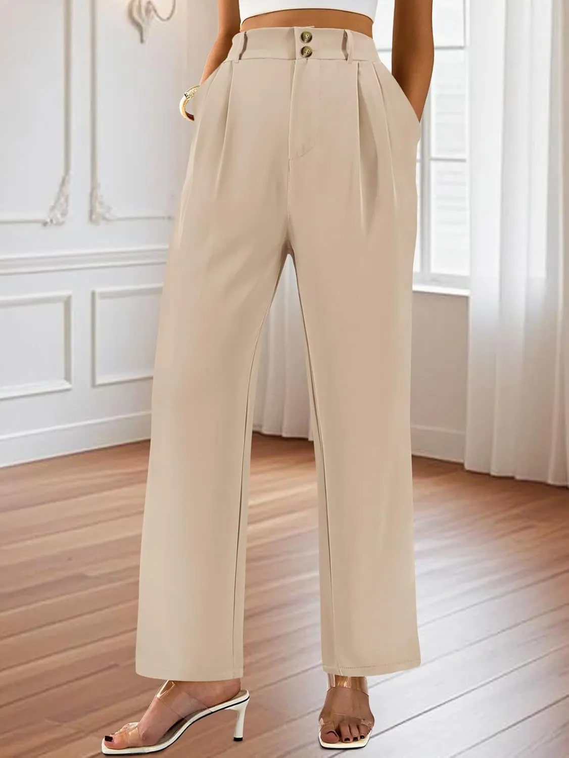 AUXDIO Womens Straight Leg Pants Casual High Waisted Stretchy Double Buttoned Trousers Work Business Dress Pant