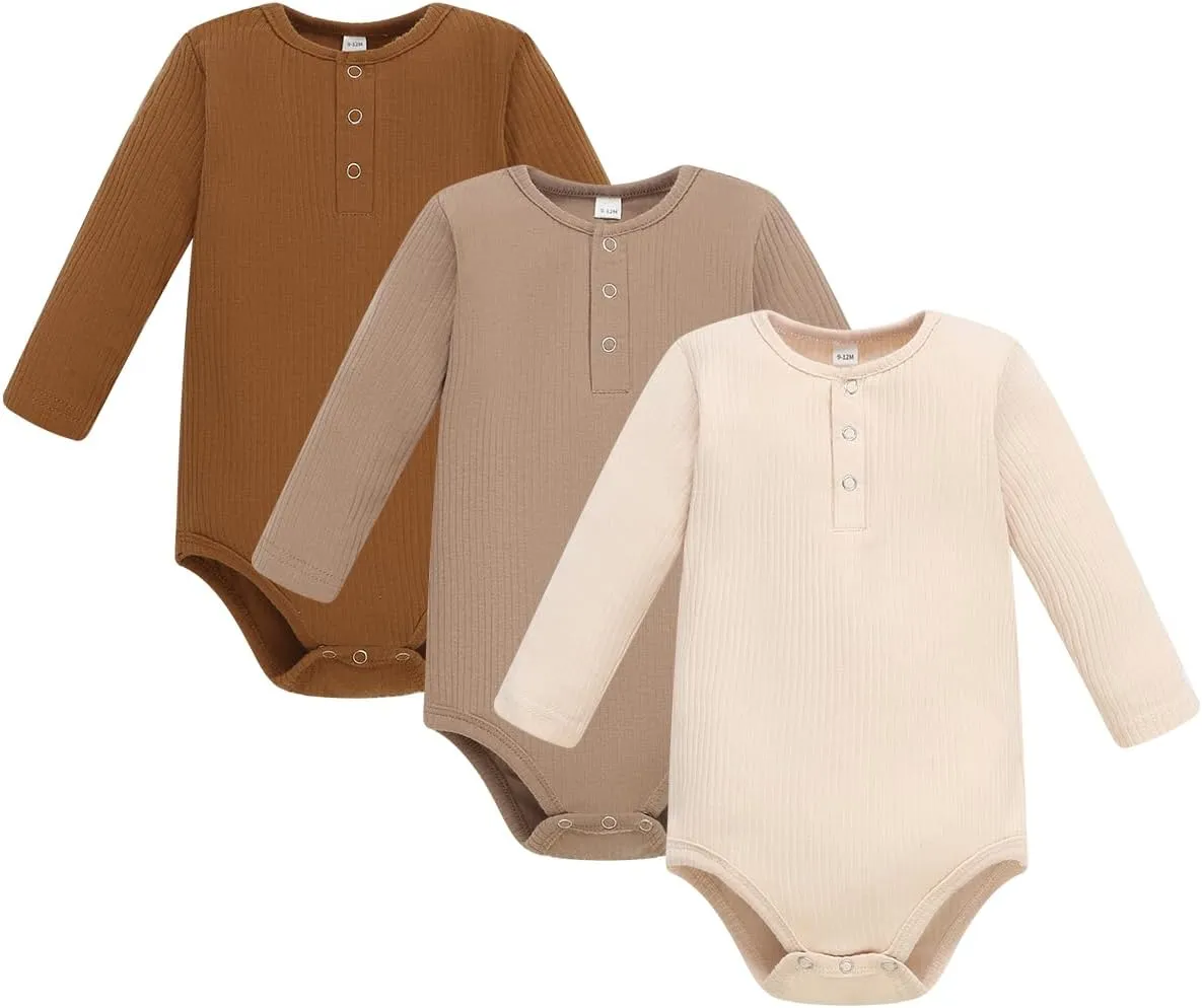 Baby Boy Ribbed Bodysuit Long Sleeve Solid Romper Newborn One Piece Outfits Unisex Ribbed Clothes,0-18 Months