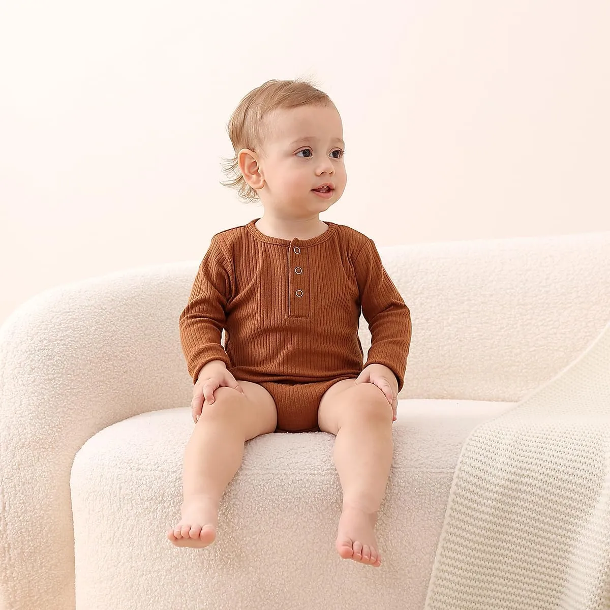Baby Boy Ribbed Bodysuit Long Sleeve Solid Romper Newborn One Piece Outfits Unisex Ribbed Clothes,0-18 Months