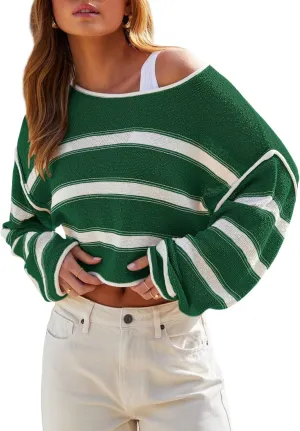 Balimtoy Womens Lightweight Cropped Sweaters Casual Long Sleeve Crew Neck Loose Striped Sweater Pullover Knit Jumper Crop Top