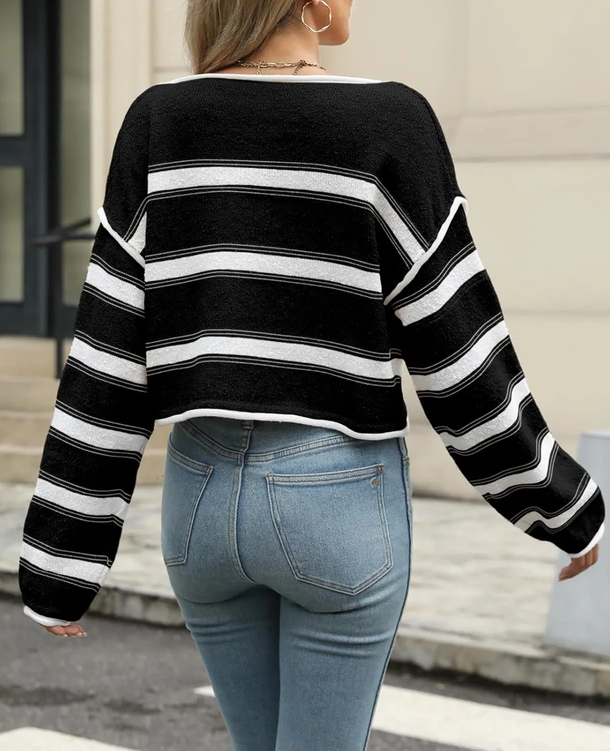 Balimtoy Womens Lightweight Cropped Sweaters Casual Long Sleeve Crew Neck Loose Striped Sweater Pullover Knit Jumper Crop Top