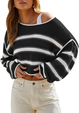 Balimtoy Womens Lightweight Cropped Sweaters Casual Long Sleeve Crew Neck Loose Striped Sweater Pullover Knit Jumper Crop Top
