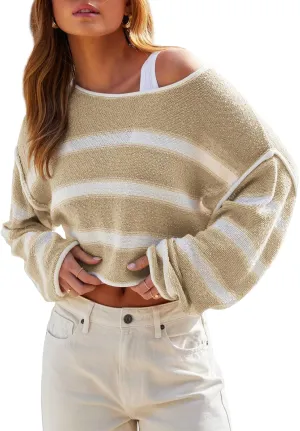 Balimtoy Womens Lightweight Cropped Sweaters Casual Long Sleeve Crew Neck Loose Striped Sweater Pullover Knit Jumper Crop Top
