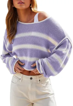 Balimtoy Womens Lightweight Cropped Sweaters Casual Long Sleeve Crew Neck Loose Striped Sweater Pullover Knit Jumper Crop Top