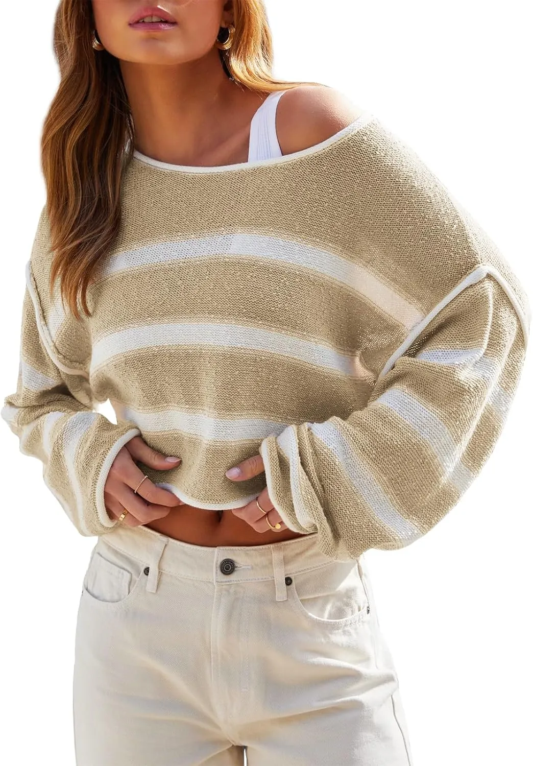 Balimtoy Womens Lightweight Cropped Sweaters Casual Long Sleeve Crew Neck Loose Striped Sweater Pullover Knit Jumper Crop Top