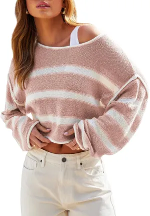 Balimtoy Womens Lightweight Cropped Sweaters Casual Long Sleeve Crew Neck Loose Striped Sweater Pullover Knit Jumper Crop Top