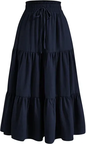 BAXLIMEK Midi Skirts for Women,2025 Spring Summer Trendy Ruffle Tiered A-Line Boho Skirts,Elastic Waist Flowy Beach Dress