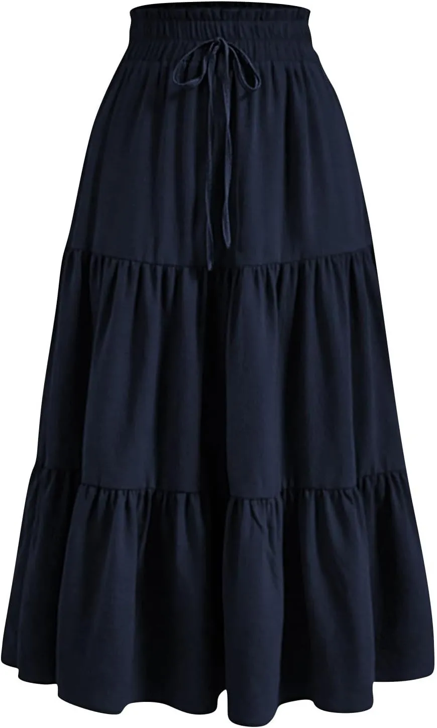 BAXLIMEK Midi Skirts for Women,2025 Spring Summer Trendy Ruffle Tiered A-Line Boho Skirts,Elastic Waist Flowy Beach Dress