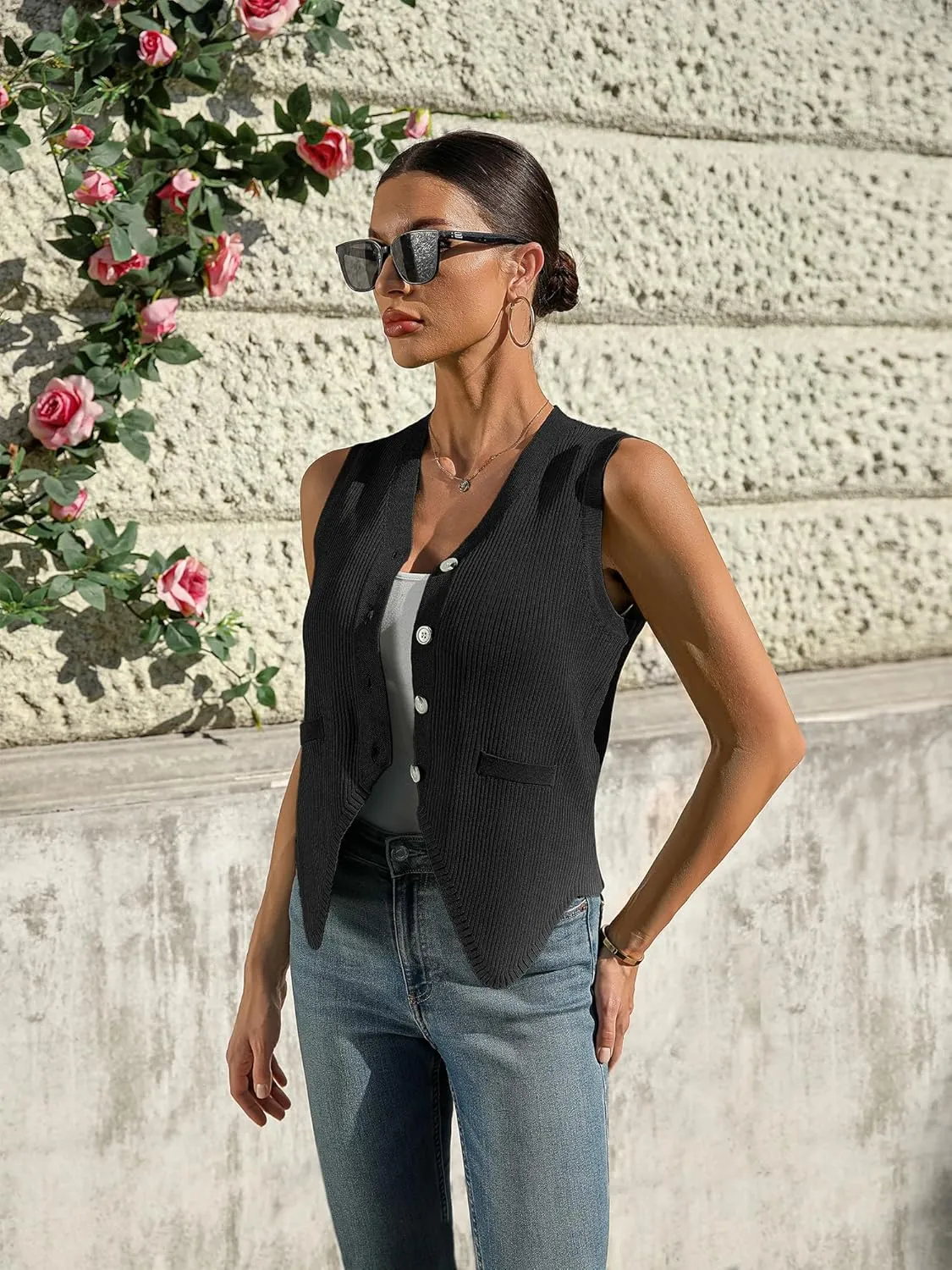 BB&KK Womens Sweater Vest Sleeveless Knit V Neck Button Fashion Casual Loose Spring Summer Waistcoat Cardigan