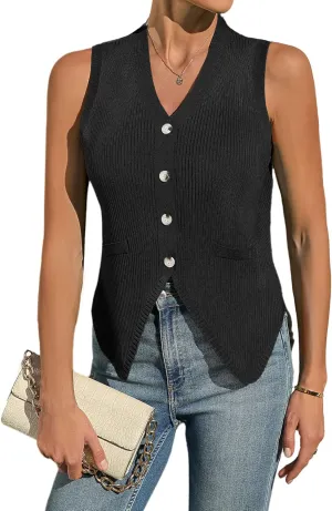 BB&KK Womens Sweater Vest Sleeveless Knit V Neck Button Fashion Casual Loose Spring Summer Waistcoat Cardigan
