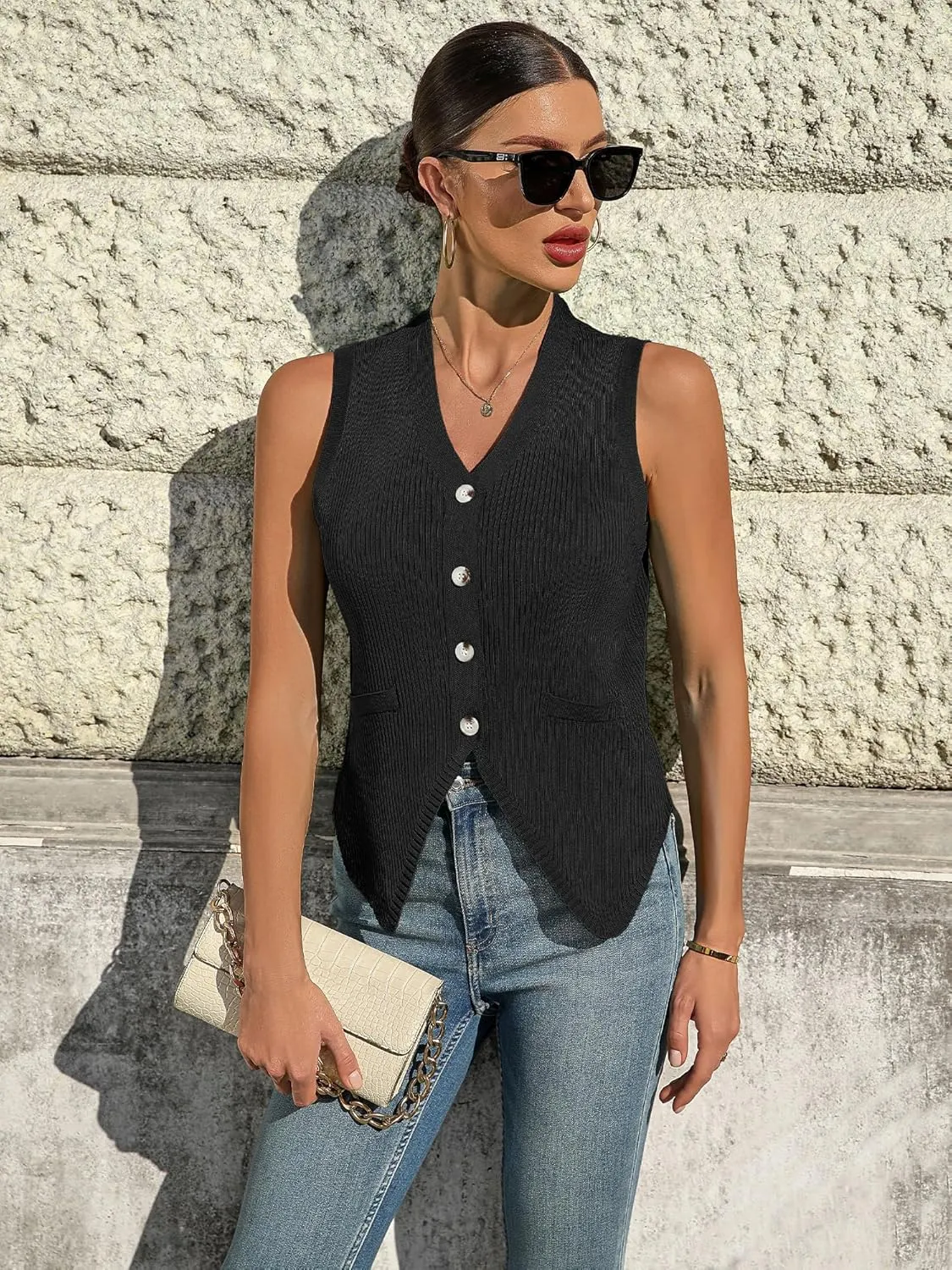 BB&KK Womens Sweater Vest Sleeveless Knit V Neck Button Fashion Casual Loose Spring Summer Waistcoat Cardigan