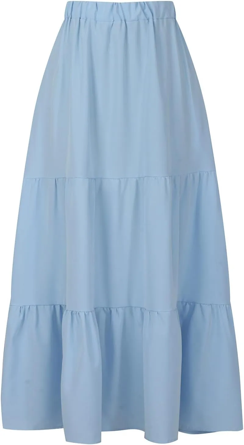 Binmer Women 2024 Bohemian Long Skirts Tiered Ruffle Hem Flowy High Waist A Line Maxi Skirts Summer Pleated Skirt with Pocket