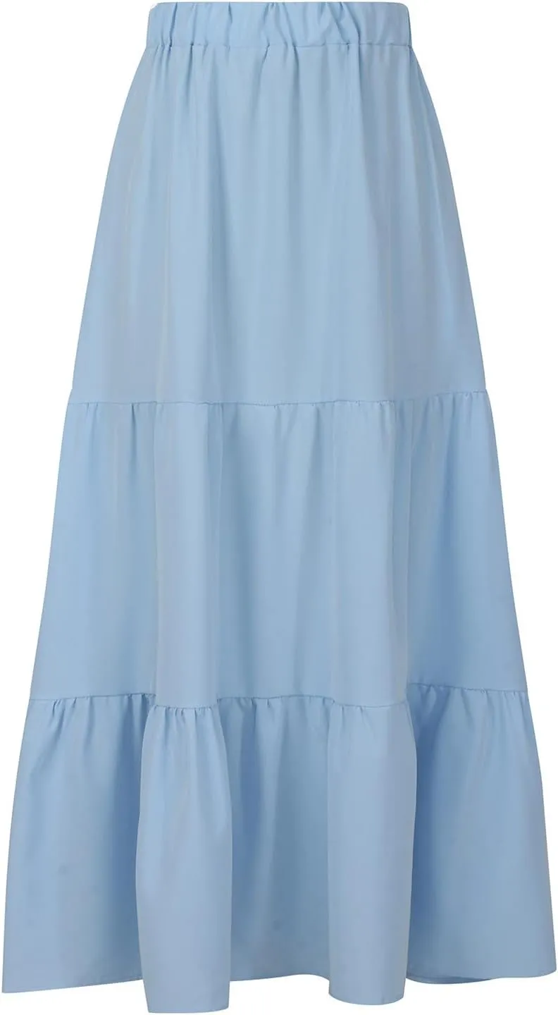 Binmer Women 2024 Bohemian Long Skirts Tiered Ruffle Hem Flowy High Waist A Line Maxi Skirts Summer Pleated Skirt with Pocket