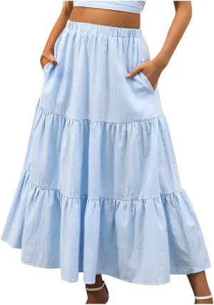 Binmer Women 2024 Bohemian Long Skirts Tiered Ruffle Hem Flowy High Waist A Line Maxi Skirts Summer Pleated Skirt with Pocket