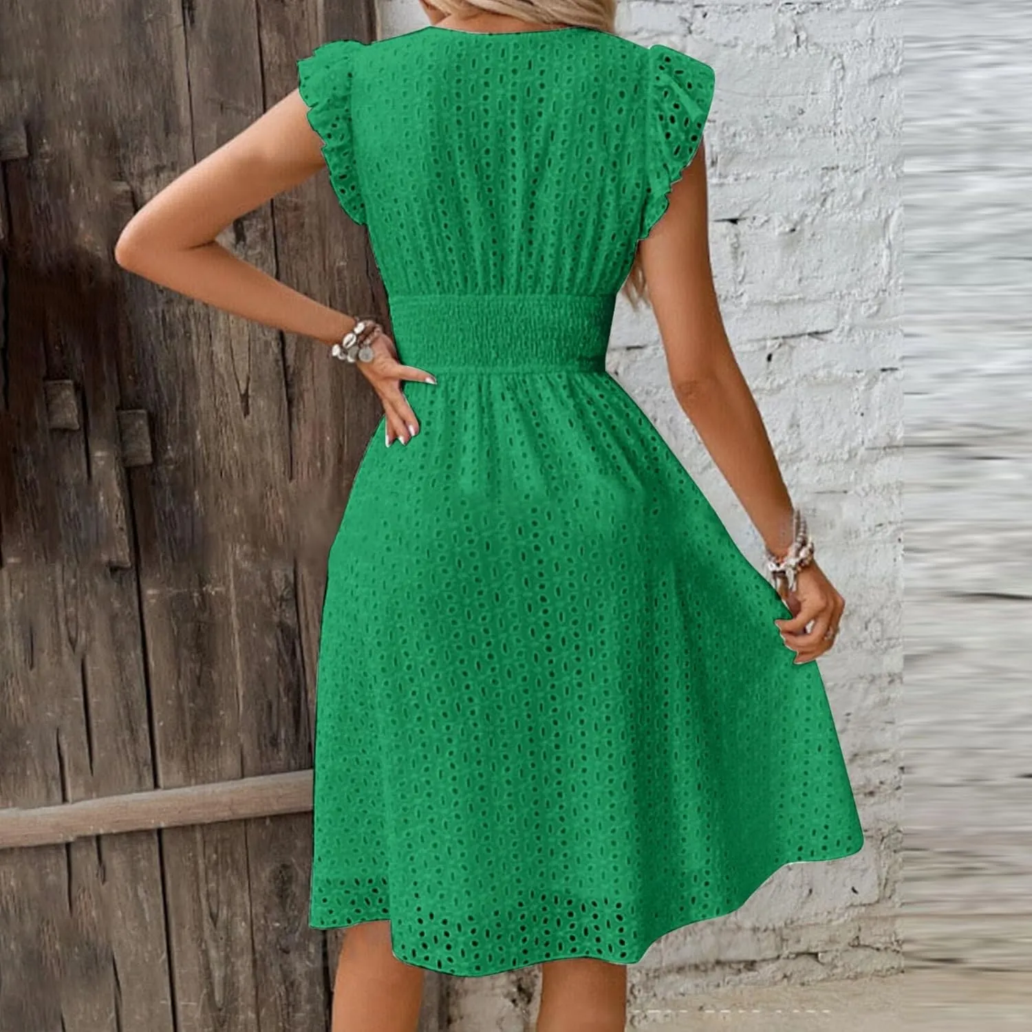 Binmer Women Summer Casual Sleeveless Dress Elastic Smocked Waist Wrap V Neck Sundress Hollow Out Eyelet Swing Beach Dresses