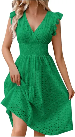 Binmer Women Summer Casual Sleeveless Dress Elastic Smocked Waist Wrap V Neck Sundress Hollow Out Eyelet Swing Beach Dresses