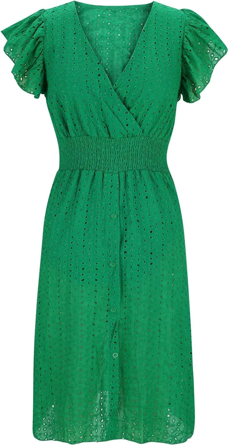 Binmer Women Summer Casual Sleeveless Dress Elastic Smocked Waist Wrap V Neck Sundress Hollow Out Eyelet Swing Beach Dresses