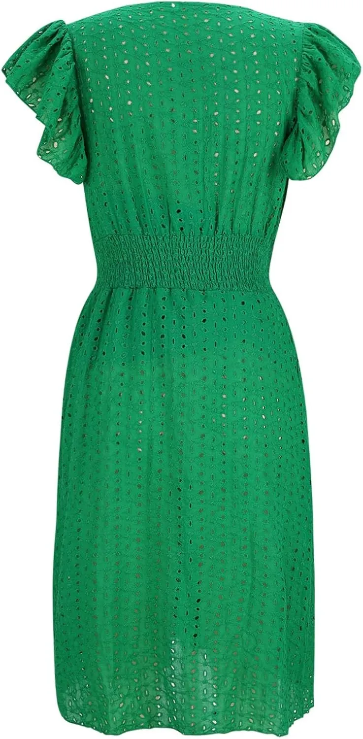 Binmer Women Summer Casual Sleeveless Dress Elastic Smocked Waist Wrap V Neck Sundress Hollow Out Eyelet Swing Beach Dresses