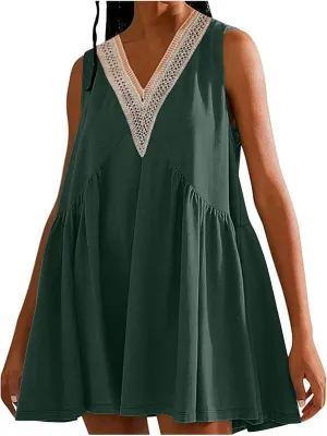 Binmer Women Summer Dresses 2024 Sleeveless Lace Crochet V Neck Sundress Casual Loose Pleated Flowy Swing Babydoll Mini Dress