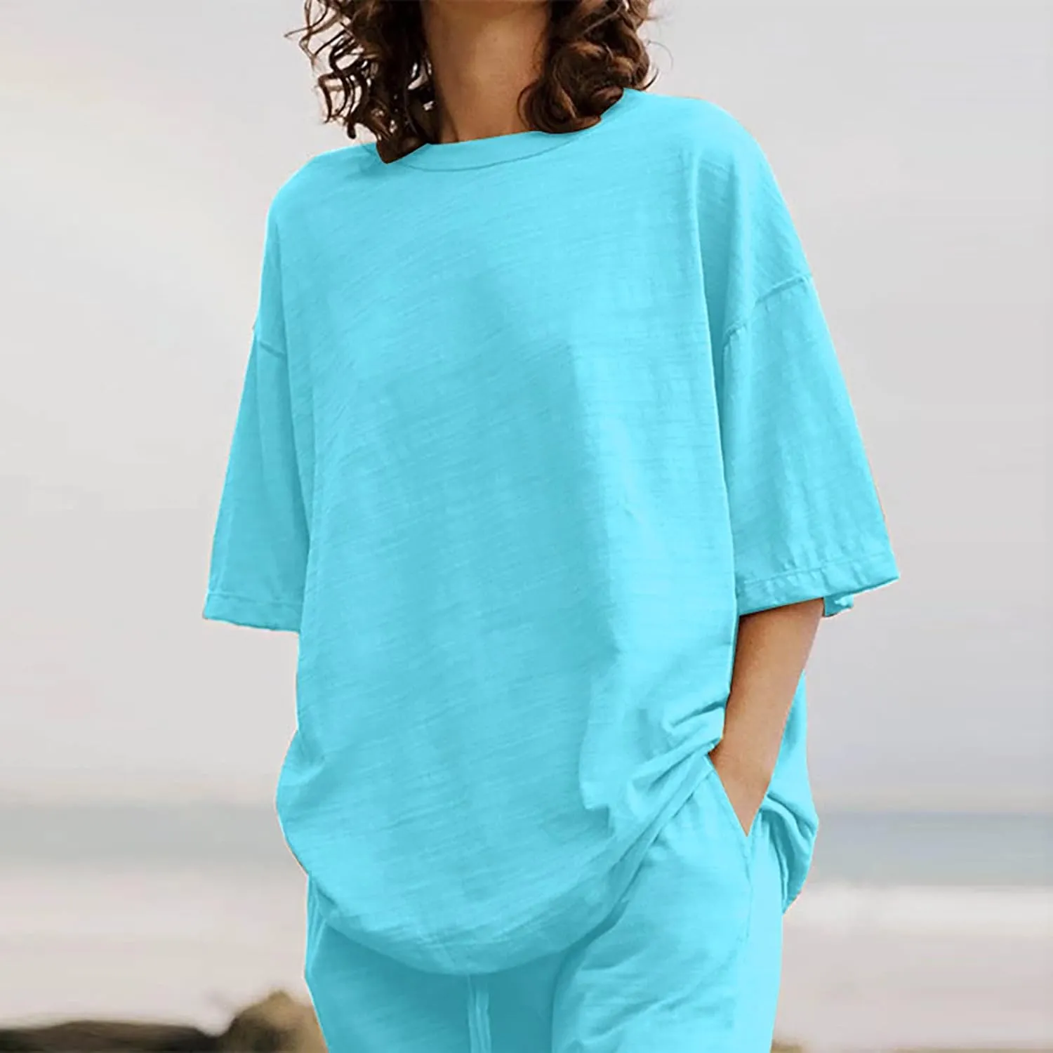 Binmer Women's Summer Linen Loungewear Pajamas Set 2 Piece Outfits Plus Size Short Sleeve Tops Wide Leg Pants Set W/Pockets