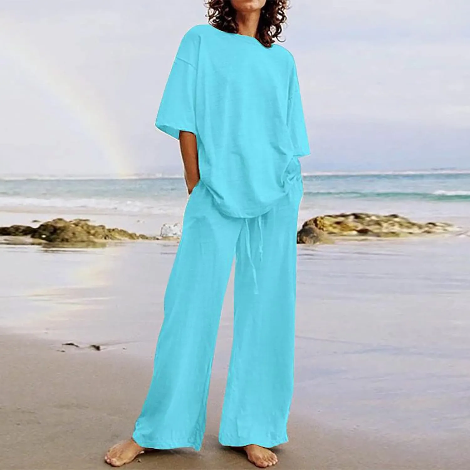 Binmer Women's Summer Linen Loungewear Pajamas Set 2 Piece Outfits Plus Size Short Sleeve Tops Wide Leg Pants Set W/Pockets