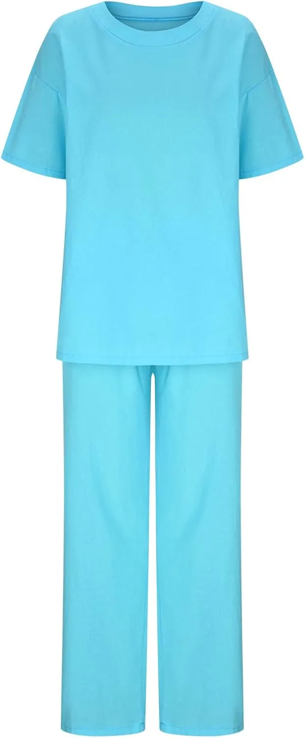 Binmer Women's Summer Linen Loungewear Pajamas Set 2 Piece Outfits Plus Size Short Sleeve Tops Wide Leg Pants Set W/Pockets