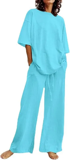 Binmer Women's Summer Linen Loungewear Pajamas Set 2 Piece Outfits Plus Size Short Sleeve Tops Wide Leg Pants Set W/Pockets
