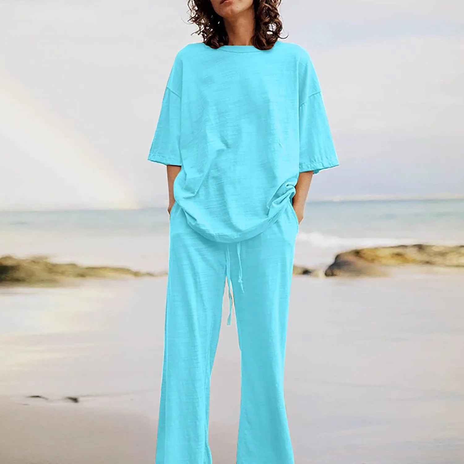 Binmer Women's Summer Linen Loungewear Pajamas Set 2 Piece Outfits Plus Size Short Sleeve Tops Wide Leg Pants Set W/Pockets