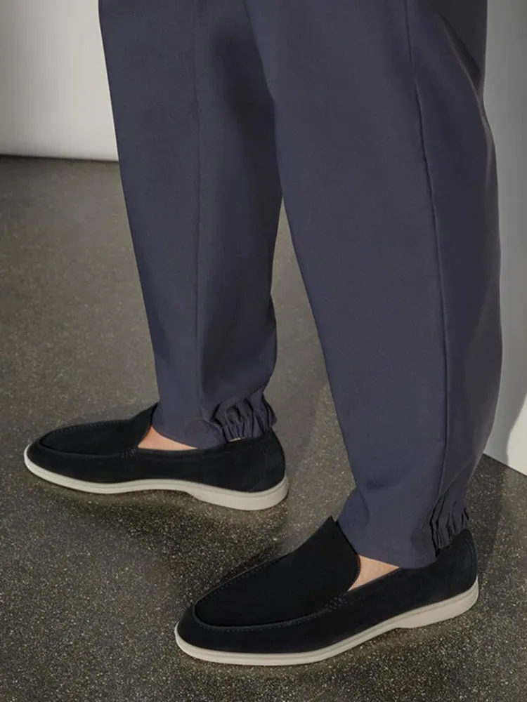 Black pure wool slip-on loafers for men, British classic style casual shoes, natural rubber non-slip white bottom