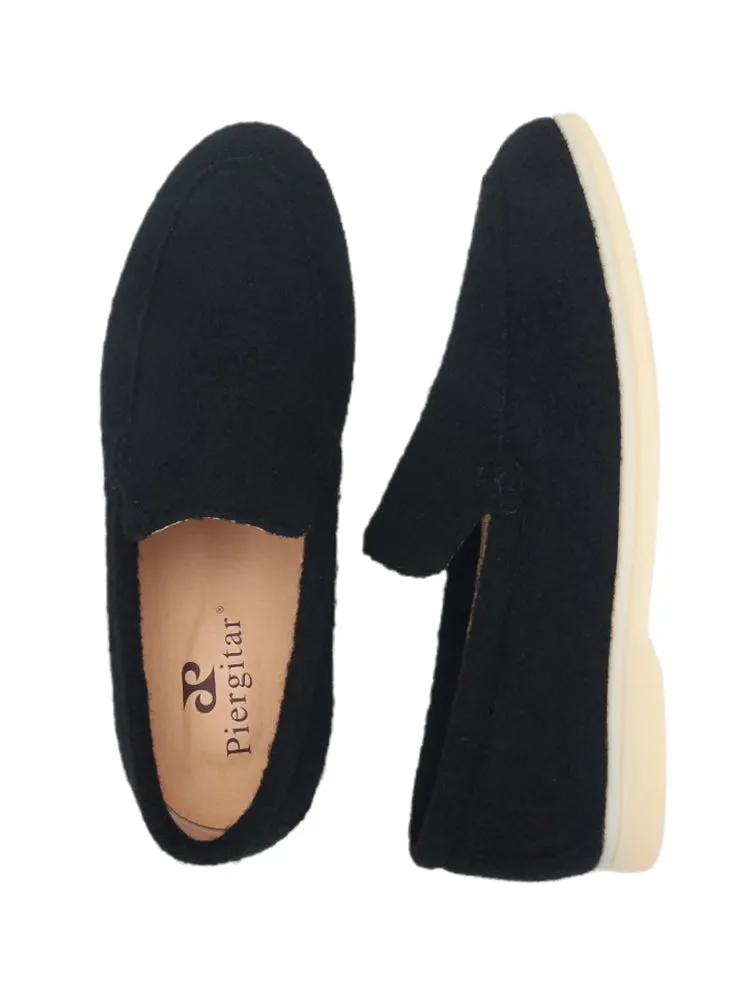 Black pure wool slip-on loafers for men, British classic style casual shoes, natural rubber non-slip white bottom