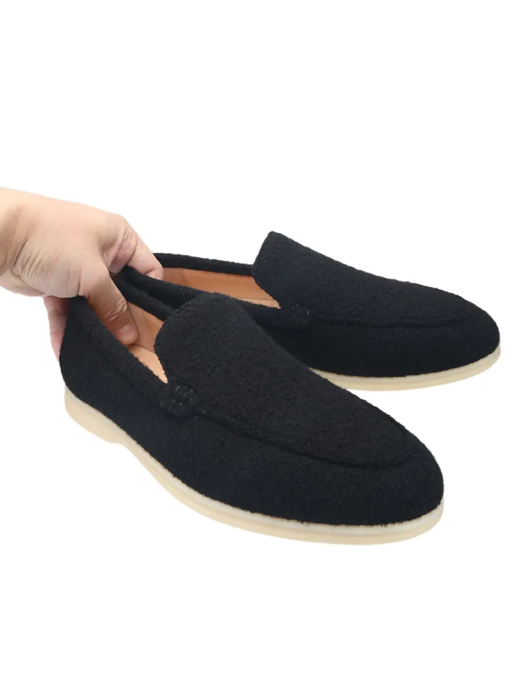 Black pure wool slip-on loafers for men, British classic style casual shoes, natural rubber non-slip white bottom