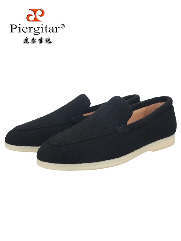 Black pure wool slip-on loafers for men, British classic style casual shoes, natural rubber non-slip white bottom