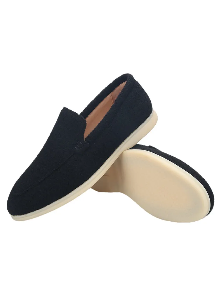 Black pure wool slip-on loafers for men, British classic style casual shoes, natural rubber non-slip white bottom