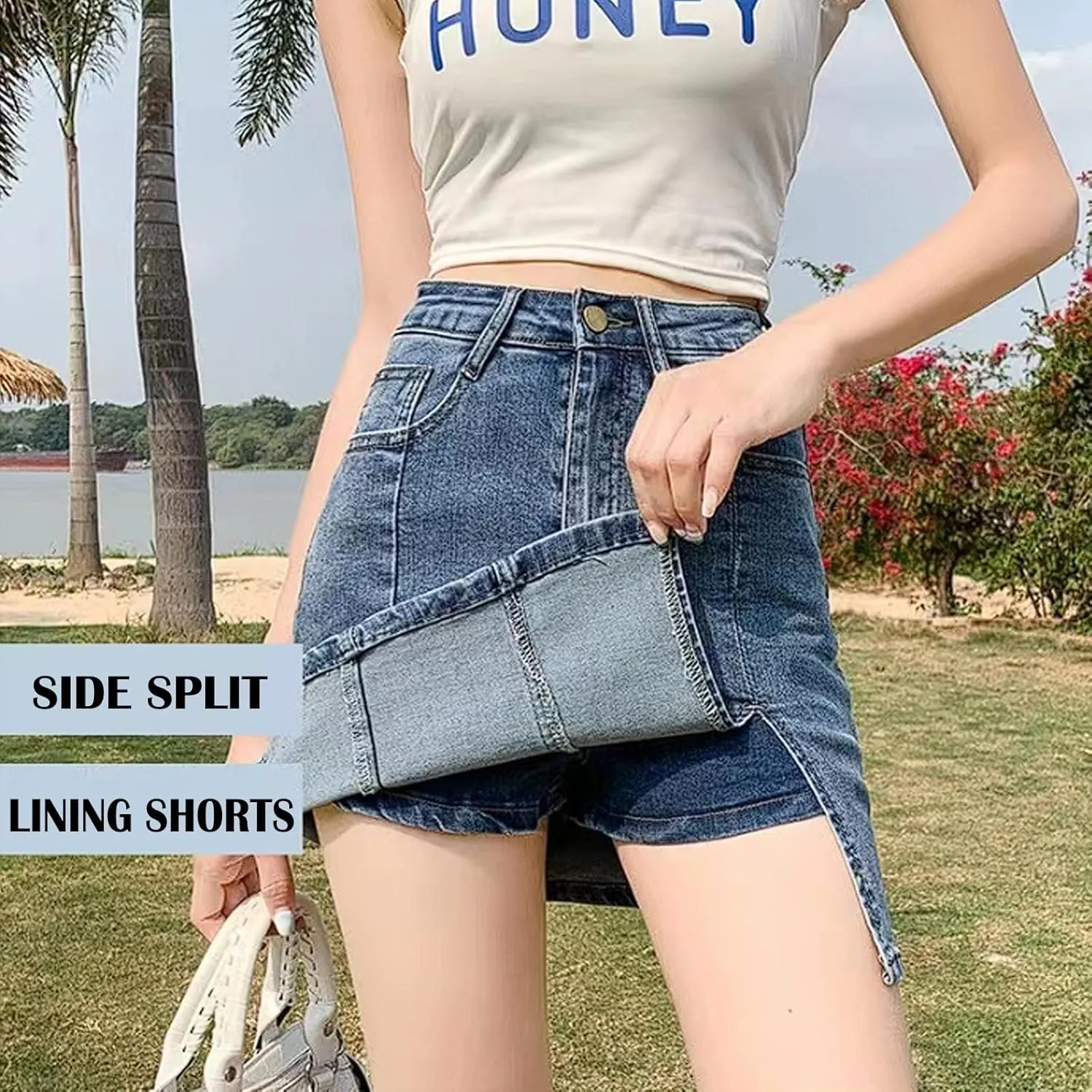 Bloomy Jean Skorts, Denim Skort for Women Side Slit Stretch High Waisted Trendy Casual Summer Jean Skirt Mini Skirts
