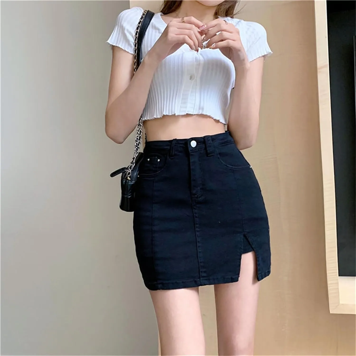 BloomySkorts Jean Skorts for Woman, Summer High Waisted Casual Mini Stretchy Side Split Zip Fly Denim Skirt